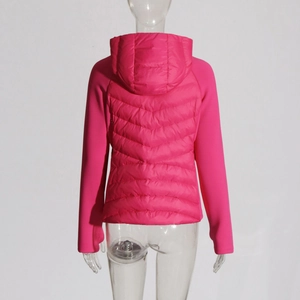 Rear view of rose pink hooded down jacket featuring mixed material quilted panels