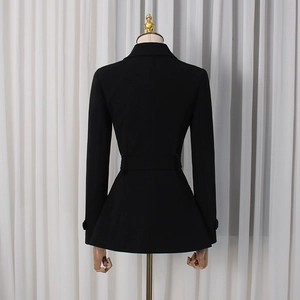Back view of black slim-fit blazer with matching belt and structured tailoring details