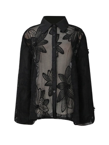 Chemise élégante en maille noire avec broderies florales et manches longues pour femmes