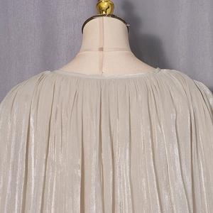Detail of elegant pleated champagne chiffon blouse showing delicate back pleat texture