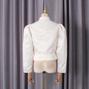 Back view of a white satin long sleeve blouse featuring stylish puff sleeves and slim waist
