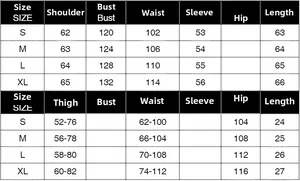 Detailed size chart for women's two-piece set including shirt and shorts dimensions