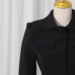 Detail view of black slim blazer with Peter Pan collar and puff shoulder design