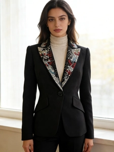 Elegant Women Slim Fit Black Blazer Jacket Heavy Rhinestone Beaded Lapel Long Sleeve Single Button Suit For Office Party