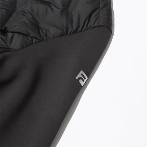 Detail of black slim-fit down jacket showing quilted fabric contrast and geometric logo