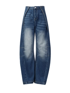 Pantaloni denim blu scuro a gamba larga con vita incrociata e finitura lavata