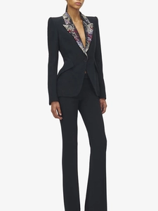 Elegant women's black slim fit suit set with sparkling beaded collar and matching trousers