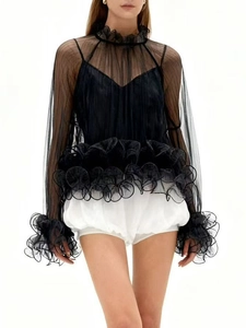 Elegant black sheer mesh long sleeve blouse with romantic ruffled lace trim for women