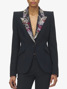Elegant black tailored blazer with colorful rhinestone lapels and slim fit design
