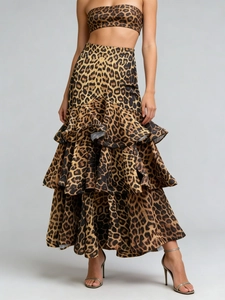 Leopard Print Outfit For Women Tube Top And Ruffle Tiered Maxi Skirt Streetwear Sexy Clubwear Casual Summer Apparel