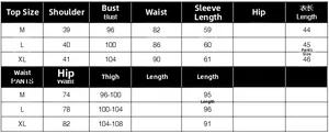 Detailed size chart for two-piece elegant women set including tops and skirt measurements