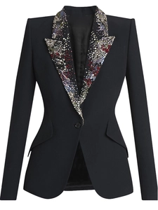 Elegant black slim-fit blazer with sparkling bead-embellished lapels and single-button closure
