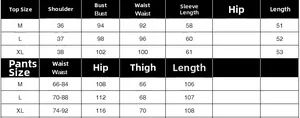 Detailed size guide table for women's blazer and pants set featuring M, L, and XL measurements