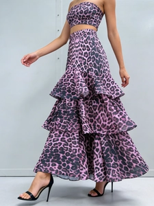 Women's pink leopard print two-piece set featuring a tube top and tiered maxi skirt