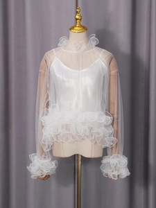 Elegant white mesh long sleeve shirt with layered ruffle lace and inner camisole top