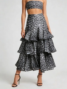 Fashionable leopard print tiered maxi skirt and cropped top set for women in grey and white