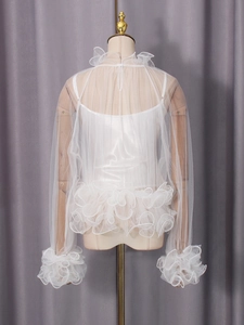 Elegant white lace patchwork long sleeve blouse with sheer mesh and ruffled high neck