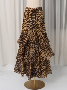 Leopard print tiered maxi skirt with high waist design shown on a studio mannequin