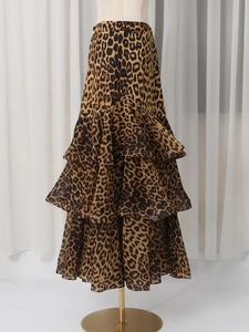 Chic leopard print high waisted tiered maxi skirt for women in elegant chiffon
