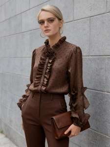 Women Vintage Polka Dot Blouse Ruffle Long Sleeve Elegant 3D Flower Lantern Sleeve Casual Chiffon Top
