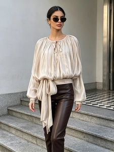 Elegant Satin Look Pleated Blouse For Women Long Lantern Sleeve Round Neck Tie Front High Waist Bow Shirt Top Fashion