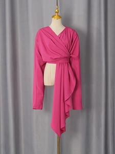 Elegant rose red V-neck wrap top with side drapery and stylish ruffle detail for women