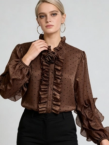 Vintage brown polka dot satin shirt with ruffle details and 3D rose collar design
