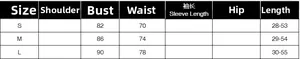 Tableau des tailles pour haut dos nu avec mesures poitrine et taille en S, M, L
