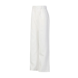 Detail of white high-waisted wide-leg suit trousers with front pleats and button closure
