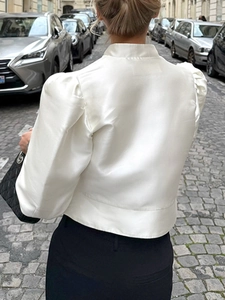Elegant white satin long sleeve blouse with puff sleeves and stand collar for women