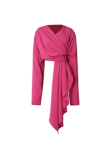 Elegant deep pink wrap-around long sleeve V-neck top with stylish waist ribbon detail