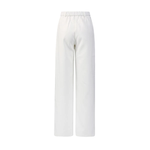Rear view of white high-waist wide-leg trousers featuring an elastic waistband and drape