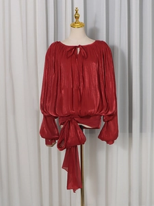 Elegant red long sleeve satin blouse with bow collar and puff sleeves for women
