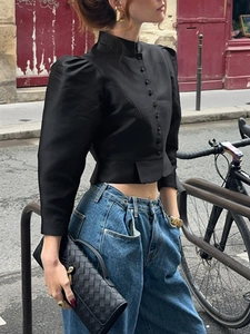 Elegant black satin cropped long sleeve shirt with puff sleeves and stand collar
