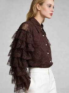 Elegant dark brown lace shirt with ruffled long sleeves and refined rose patterns
