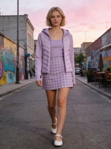 Chic purple hooded down vest with plaid mini skirt set shown in street style photography