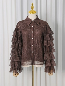 Elegant brown rose lace shirt with tiered ruffle sleeves and chic turn-down collar
