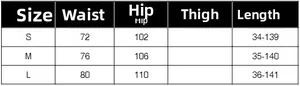 Size chart for irregular ruffle hem skirt including waist, hip, and length measurements