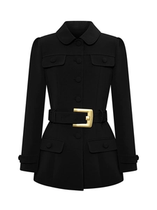 Slim-fit black blazer jacket for women featuring a stylish waist belt and four flap pockets
