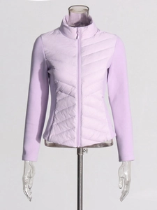 Slim fit lavender quilted down jacket for women with knit splicing and stand collar