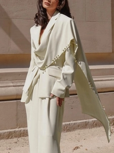 Elegant cream blazer suit with draped shawl design and pearl sequin trim accents