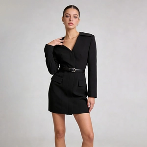Close-up of black slim-fit blazer dress featuring a thin waist belt with metal buckle