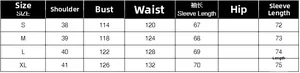 Size chart table for sequin shirt showing shoulder bust and sleeve length measurements