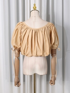 Khaki puff sleeve cropped blouse for women with drawstring cuffs and elastic hem back view