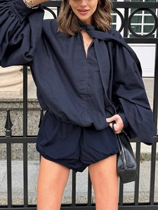 Women Korean Style Elegant Solid Color Top And Bottom Set Lantern Sleeve Ribbon Tie Shirt And High Waist Shorts Outfit