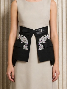Women black A-line mini skirt featuring luxury colorful rhinestone floral pattern and belt