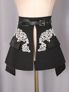 Fashionable black rhinestone-studded mini A-line skirt with decorative leather belt