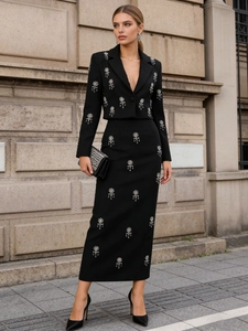 Elegant Rhinestone Flower Blazer And Skirt Outfit For Women High Waist Long Skirt Suit Office Banquet Social Apparel