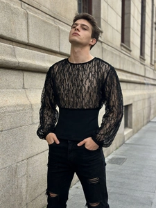 Men's fashion black lace patchwork long sleeve top with slim fit waist and floral texture
