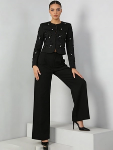Women's black two-piece suit with star sequin embroidery jacket and wide-leg trousers